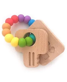 One.Chew.Three Keys Wooden Silicone Teether - Rainbow Bright