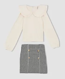 DeFacto Frill Neck Top with Checked Skirt - Off White
