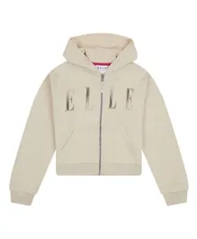 Elle Oversize Zip Through Graphic Hooded Jacket - Beige