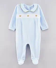 Bonjour BeBe Crown Velour Sleepsuit - Baby Blue