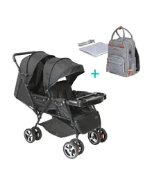 Moon Magnum Tandem Easy Fold Twin Stroller + NUTRA Diaper Backpack With Changing Mat & Purse - Black & Grey
