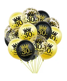 Party Propz 30th Birthday Latex and Confetti Balloons Black & Gold - 15 Pieces