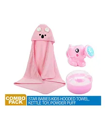 Star Babies Combos Pack Of 3 Hooded Towel, Powder Puff, Kettle Toy- Pink
