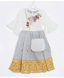 Amri Flower Applique Frock With Side Bag - Grey