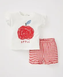 DeFacto Apple Printed Tee with Shorts Set - Ecru