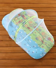 Babyhug Bedding Set With Center Zip Mosquito Net Animals With House Print- Blue