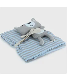 Pluchi Knitted Toy and  Blanket Set James Skinny Stripe Cotton Blanket with Bear Toy - Blue
