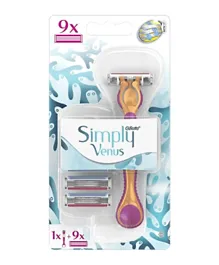 VENUS Gillette Simply 3 in 1 Refillable Women’s Smooth Razor Handle with 9 Free Blade Refills - Pack of 10