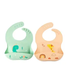 Pixie Waterproof Silicone Bibs Pack of 2 Giraffe & Dinosaur - Multicolour