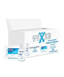 Pixie Water Wipes Value Pack of 720 Wipes + Vibrant Sanitizers 100mL x Pack of 20