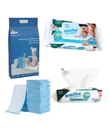 Cute 'n' Cuddle Disposable Changing Mats Blue + Wet Wipes With Aloe & Chamomile