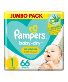 Pampers Baby-Dry Newborn Taped Diapers with Aloe Vera Lotion Jumbo Pack Size 1 - 66 Pieces