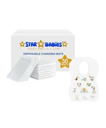 Star Babies Combo Pack of Disposable Bibs Animal Print + Changing Mat - White