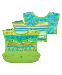 Green Sprouts Snap & Go Silicone Food Catcher Bib Pack of 3 -  Green Safari