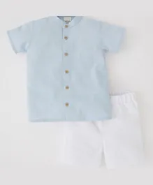 DeFacto Mandarin Collar Neck Shirt with Shorts Set - Blue