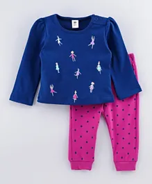 ToffyHouse Full Sleeves Tee & Lounge Pant Ballerina Print - Blue Pink