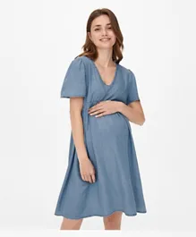 Only Maternity V Neck Denim Dress - Blue