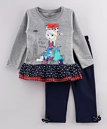 Cucumber Full Sleeves Frock with Legging Teddy Print - Grey