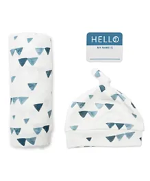 Lulujo Baby Hello World Set Bamboo Hat + Swaddle Blanket - Triangle Blue