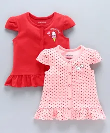 Babyoye Cap Sleeves Cotton Jhabla Polka Dot Print Pack of 2 - Red Pink