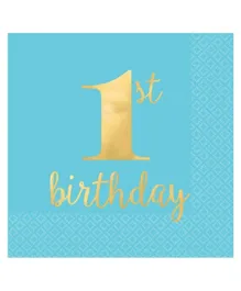 Party Centre 1st Birthday Blue & Gold Lunch Napkin - Pack of 16