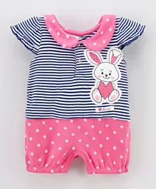 Babyoye Short Sleeves Cotton Romper Bunny Patch Striped - Deep Pink