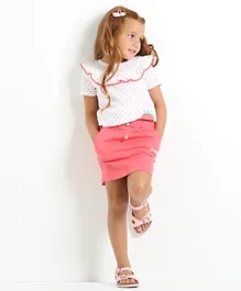 Babyhug Short Sleeves Top & Skirt Strawberry Embroidery - White Coral