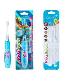 Brush-baby New KidzSonic Flamingo Electric Toothbrush + KidzSonic Replacement Brush Heads x 4 - Blue