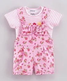Babyoye Cotton Blend Dungaree with Half Sleeves Striped Inner Tee Rose Print - Pink