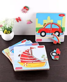 Babyhug Montessori Vehicles Jigsaw Wooden Board Puzzle Set of 5 - 4 Pieces Each