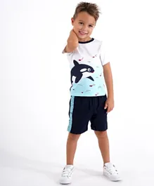 Babyoye Half Sleeves Cotton Tee & Shorts Dolphin Print - White Navy