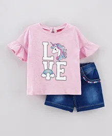 Babyhug Half Sleeves Top & Shorts Unicorn Print - Pink
