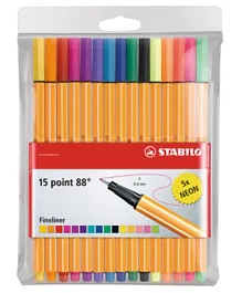 Stabilo Fineliner Point 88 Colour Pen + Neon Colours - Pack of 15