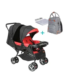Moon Magnum Tandem Easy Fold Twin Travel Stroller + Nutra Diaper Backpack - Fire Red & Grey