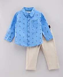 Babyoye Cotton Full Sleeves Shirt & Trouser With Belt - Blue Off White