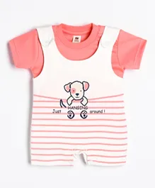 ToffyHouse Dungaree Style Romper With Half Sleeves Tee Puppy Print - Pink