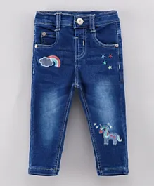ToffyHouse Full Length Denim Jeans with Adjustable Elastic Waist Unicorn Embroidery - Blue