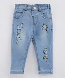 ToffyHouse Full Length Jeans With Adjustable Elastic Floral Embroidery - Light Blue