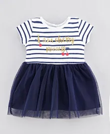 ToffyHouse Short Sleeves Striped Frock Text Print - White Blue
