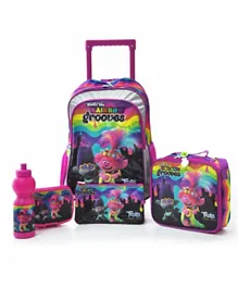 Universal Trolls Rainbow Grooves 16 inch Trolley Backpack + Pencil Pouch + Lunch Bag + Lunch Box + Water Bottle