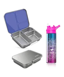 Eazy Kids 3 Compartment Bento Steel Lunch Box With Water Bottle 530ml Set, BPA-Free, Dishwasher-safe, Leakproof, 5 Years+ - Purple