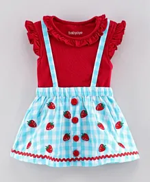 Babyoye Short Sleeves Top & Skirt with Attached Suspenders - Red Blue