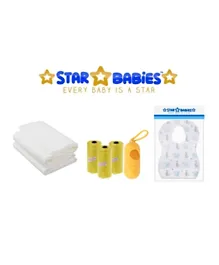 Star Babies Baby Essentials Bibs 10 Pieces + Scented Bag 3 Pieces + Towel 3 Pieces Combo Pack - White & Yellow