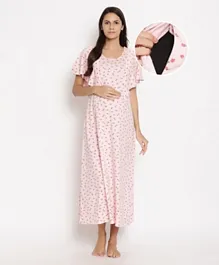 Bella Mama Half Sleeves Floral Printed Nursing Nighty - Pink