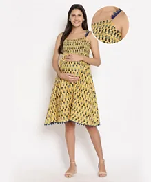 Bella Mama Singlet Sleeves Smocked Maternity Dress Floral Print - Yellow