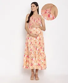 بيلا ماما فستان حمل بلا أكمام وطباعة زهور - لون الخوخ