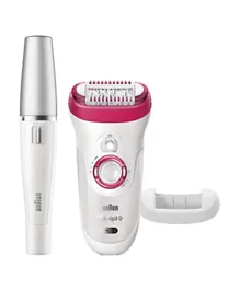 بران - آلة إزالة الشعر سيلك-ايبل 9 9-538 اصدار اضافي اللاسلكية للاستخدام الرطب والجاف مع إضافتين تشملان آلة إزالة شعر الوجه - أبيض وفوشيا