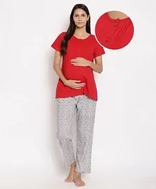 Bella Mama Half Sleeves Knitted Maternity Night Suit Floral Print - Red