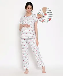 Bella Mama Half Sleeves Cherry Print Maternity Night Suit - White
