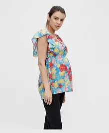 Mamalicious Floral Frilled Sleeves Maternity Top - Blue